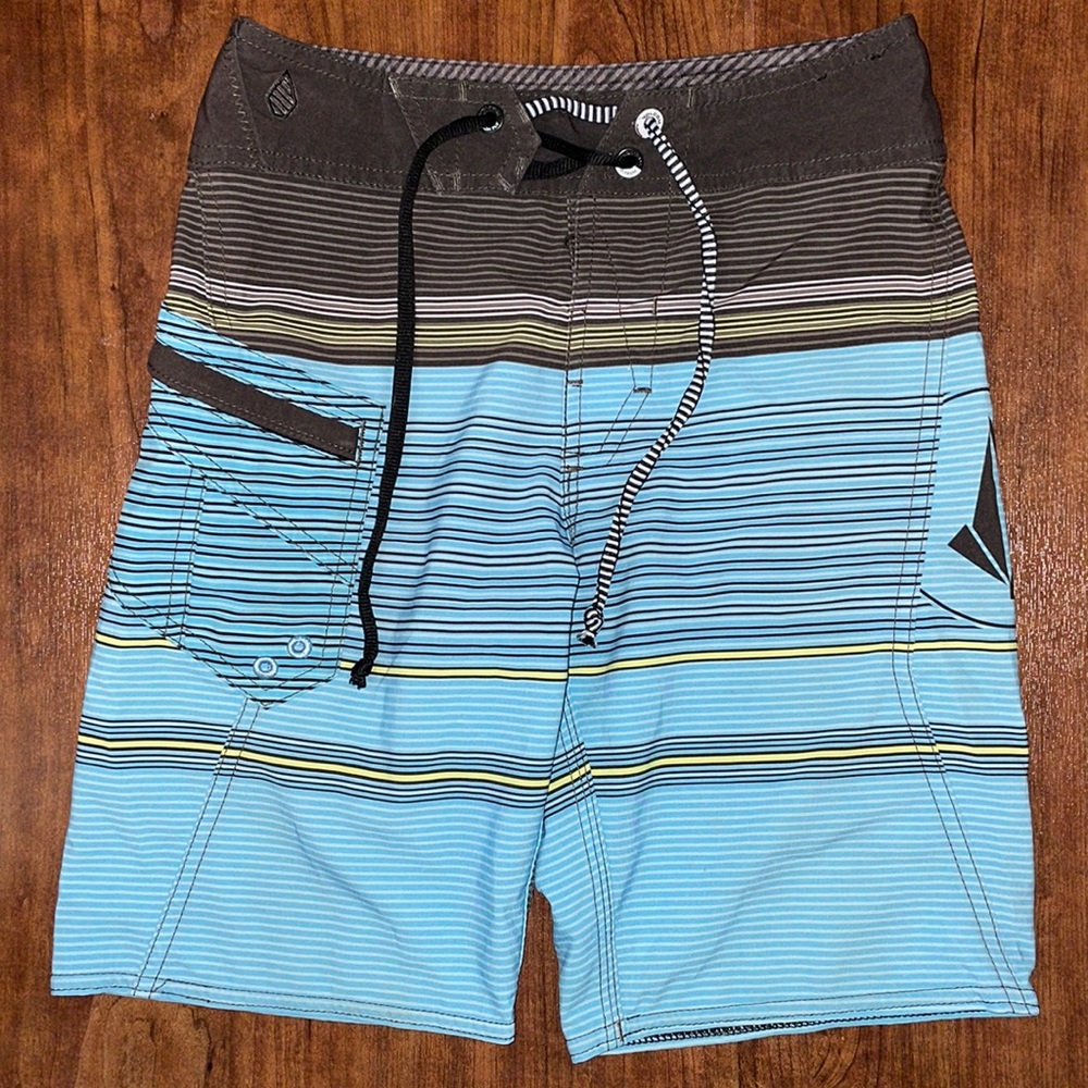Boys Volcom Mod-Tech Black Blue Swim Trunks Striped Board Shorts - 23 (S 10)